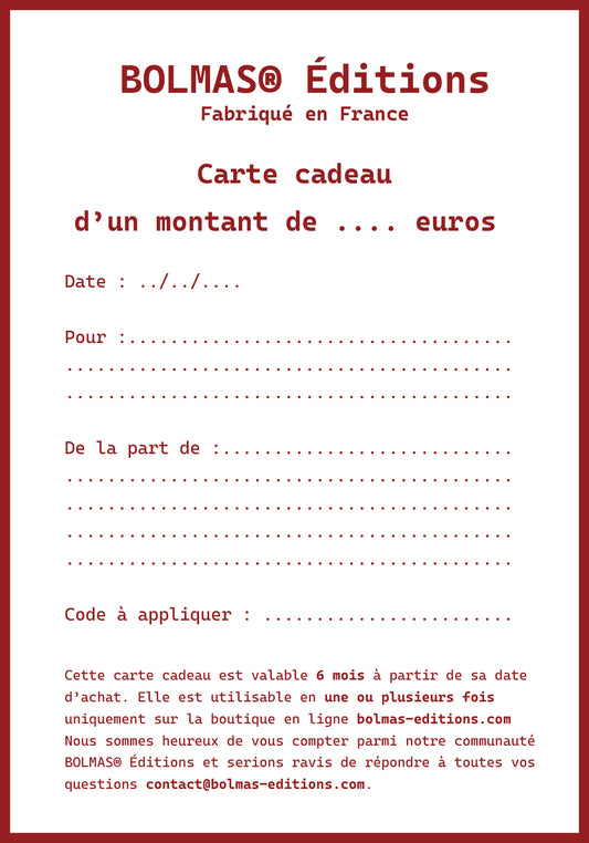 N. 11 - La E - carte cadeau BOLMAS® Éditions - Montant au choix à partir de 10 euros